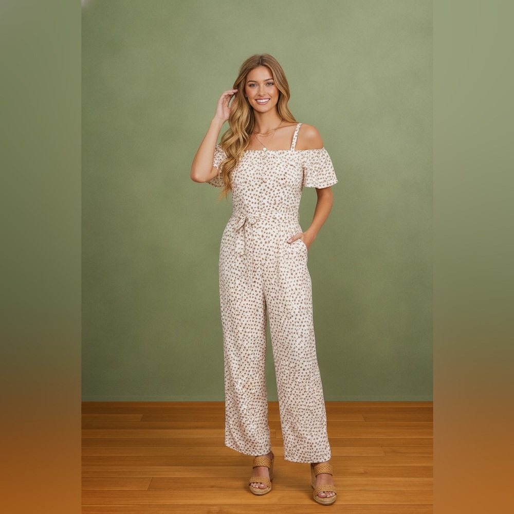 VENETIAN BLOOM OFF SHOULDER WHITE FLORAL TIE BELT JUMPSUIT - Picture 5 of 7